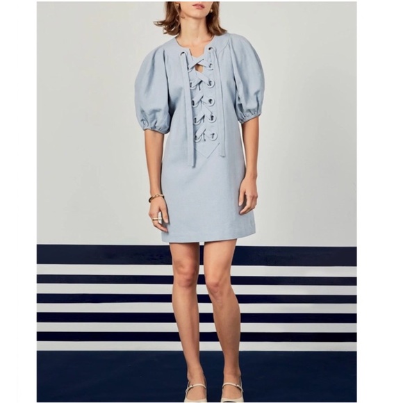 Anthro English Factory Laced Up Puffed Sleeve Mini Dress in Powder Blue - Picture 1 of 16